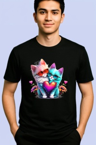 Tricou Pisica curcubeu pe luna aurie si flori fundal alb Copii | Dama | Barbat, culoare negru - Img 2