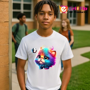 Tricou Pisica curcubeu pufoasa cu minge de fotbal Copii | Dama | Barbat - Img 4
