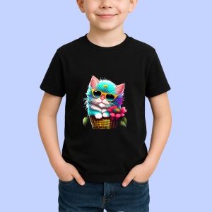 Tricou Pisica fashion in cos cu ochelari si floare mare Copii | Dama | Barbat, culoare negru - Img 3