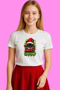 Tricou Pisica Neagra Happy Christmas Cu Caciula, din bumbac 100%, tricou alb, Copii | Dama | Barbat - Img 2