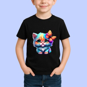 Tricou Pisica pastel cu ochi mari si fluture pe cap Copii | Dama | Barbat, culoare negru - Img 4
