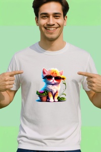 Tricou Pisica portocalie cu ochelari si fundal alb albastru Copii | Dama | Barbat - Img 2