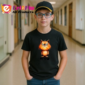 Tricou Pisica portocalie meow poster simpatic pentru iubitori de pisici, Copii | Dama | Barbat , tricou negru - Img 6