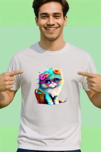 Tricou Pisica pufoasa alba cu ochelari si flori colorate Copii | Dama | Barbat - Img 2