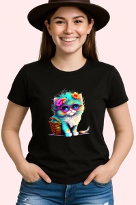 Tricou Pisica pufoasa alba cu ochelari si flori colorate Copii | Dama | Barbat, culoare negru