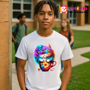 Tricou Pisica pufoasa cu flori si cana rosie Copii | Dama | Barbat - Img 4