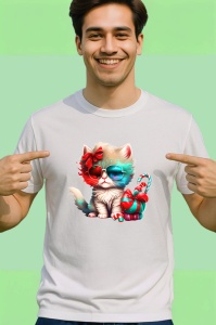 Tricou Pisica pufoasa cu ochelari si fundita mare rosie Copii | Dama | Barbat - Img 2