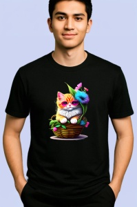 Tricou Pisica relaxata cu ochelari rosii in cos floral Copii | Dama | Barbat, culoare negru - Img 2