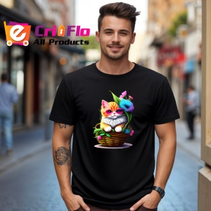 Tricou Pisica relaxata cu ochelari rosii in cos floral Copii | Dama | Barbat, culoare negru - Img 6