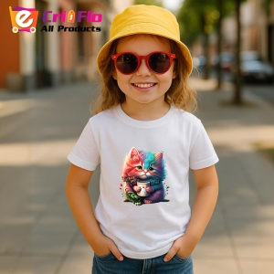 Tricou Pisica roz cu cana si flori fundal artistic Copii | Dama | Barbat - Img 11