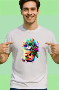 Tricou Pisica roz cu chitara galbena si flori portocalii Copii | Dama | Barbat - Img 2