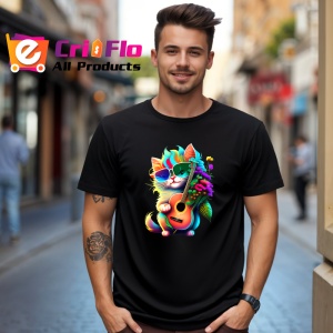 Tricou Pisica roz cu chitara galbena si flori portocalii Copii | Dama | Barbat, culoare negru - Img 6