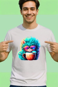 Tricou Pisica turcoaz cu ochelari si cana rosie fundal alb Copii | Dama | Barbat - Img 2