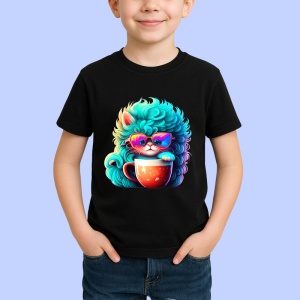 Tricou Pisica turcoaz cu ochelari si cana rosie fundal alb Copii | Dama | Barbat, culoare negru - Img 4