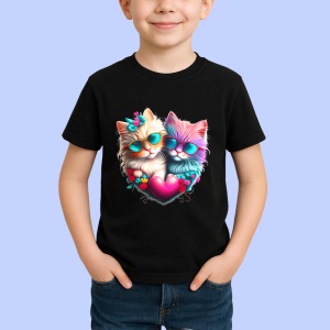 Tricou Pisici inlantuite de inima si flori fundal alb Copii | Dama | Barbat, culoare negru - Img 4