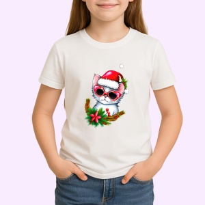 Tricou Pisicuta Craciun cu fundal alb si ochelari mari Copii | Dama | Barbat - Img 4