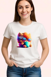 Tricou Pisicuta cu blana curcubeu si cana fundal galben Copii | Dama | Barbat - Img 3