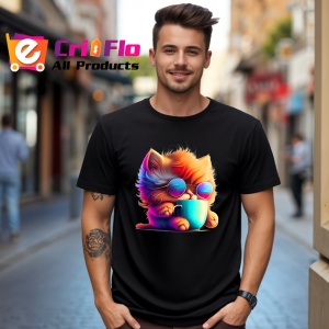 Tricou Pisicuta cu blana curcubeu si cana fundal galben Copii | Dama | Barbat, culoare negru