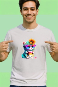 Tricou Pisicuta cu floare in par si cana curcubeu Copii | Dama | Barbat - Img 2