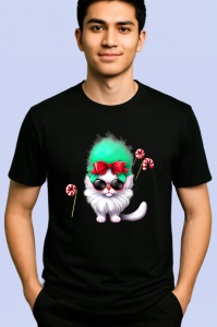 Tricou Pisicuta cu fundita rosu si baston zahar verde Copii | Dama | Barbat, culoare negru - Img 2