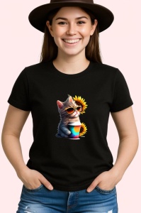 Tricou Pisicuta curcubeu cu cana roz si inima galbena Copii | Dama | Barbat, culoare negru - Img 3