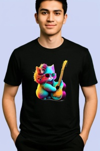 Tricou Pisicuta curcubeu cu chitara fundal alb Copii | Dama | Barbat, culoare negru - Img 2