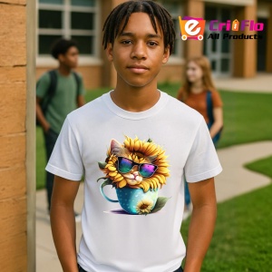 Tricou Pisicuta gri cu floarea soarelui si cana curcubeu Copii | Dama | Barbat - Img 4
