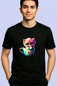 Tricou Pisicuta in cana albastra cu ochelari fundal albastru Copii | Dama | Barbat, culoare negru - Img 2