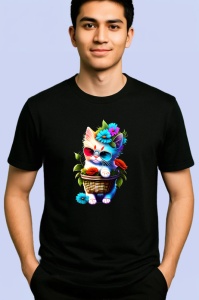 Tricou Pisicuta in cos cu ochelari de soare si flori Copii | Dama | Barbat, culoare negru - Img 2