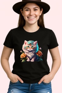 Tricou Pisicuta pufoasa cu floare si fundal alb luminos Copii | Dama | Barbat, culoare negru - Img 3