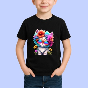 Tricou Pisicuta turcoaz cu flori si ochelari colorati Copii | Dama | Barbat, culoare negru - Img 4