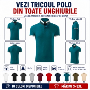 Tricou Polo Bărbați 256 Collar Up, 100% Bumbac, 215 g/m², Guler cu Contrast, 2 Nasturi, S–3XL, 10 Culori - Img 3