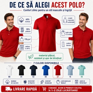 Tricou Polo Bărbați Malfini, 65% Bumbac, 35% Poliester, 170 g/m², Guler cu 3 Nasturi - Img 2