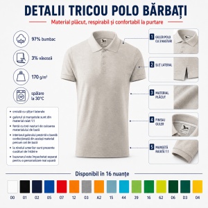 Tricou Polo Bărbați Malfini Cotton 212, 100% Bumbac, 170 g/m², Guler Polo, 16 Culori, Mărimi S-3XL - Img 3