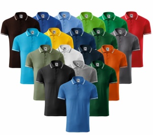 Imagine de prezentare pentru tricou polo barbati cu dungi la guler si culorile disponibile negru, rosu, albastru, galben, portocaliu, verde, gri