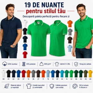 Tricou Polo Bărbați Malfini Urban 219, cu Dungi la Guler, Tip Tommy, 65% Bumbac, 200 g/m², 19 Culori, Mărimi S–3XL - Img 8