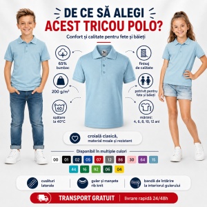 Tricou polo copii, fete și băieți, 65% bumbac, 200 g/m², mărimi 4–12 ani - Img 4