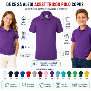 Tricou Polo Copii pentru Uniformă Școlară, Fete și Băieți, cu Guler - Img 2