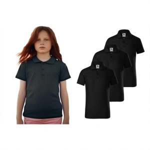 Fata imbracata in tricou polo prezinta setul de 3 tricouri polo negru