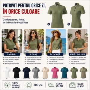 Tricou Polo Damă Malfini Prime GOTS 235 – 100% Bumbac Organic, 200 g/m², Croială Cambrată - Img 7