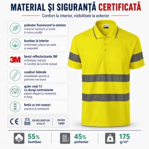 Tricou Polo Reflectorizant Unisex Damă/Bărbat HV Runway 2V9 cu Guler – Benzi 3M, 55% Bumbac - Img 7