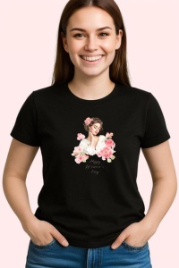 Tricou Portret Eleganta Femeie Flori Roz, din bumbac 100%, tricou negru Dama | Barbat - Img 2