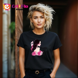Tricou Profil Femeie Eleganta Flori Roz Fundal Gri, din bumbac 100%, tricou negru Copii | Dama | Barbat - Img 5