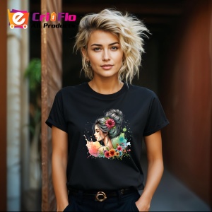 Tricou Profile girl watercolor flower blend, fata in profil cu flori acuarela, Copii | Dama | Barbat , tricou negru - Img 8