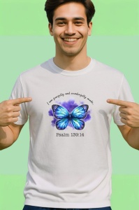Tricou Psalm 139 fluture albastru cu text motivant crestin Copii | Dama | Barbat Barbat - Img 2