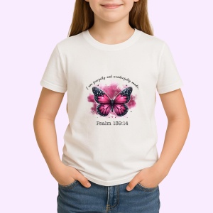 Tricou Psalm 139 fluture roz cu text religios inspirational Copii | Dama | Barbat Barbat