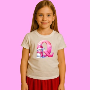 Tricou Q Litera Craciun Roz Cu Om De Zapada Fulgi De Zapada, din bumbac 100% Copii | Dama | Barbat - Img 2