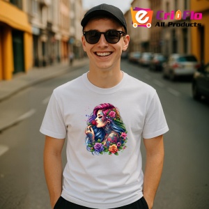 Tricou rainbow curls girl roses tattoo, fata cu bucle curcubeu si tatuaj trandafiri, Copii | Dama | Barbat - Img 6