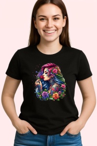 Tricou Rainbow curls girl roses tattoo, fata cu bucle curcubeu si tatuaj trandafiri, Copii | Dama | Barbat , tricou negru - Img 3