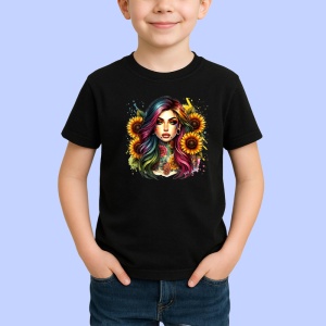 Tricou Rainbow hair girl sunflower tattoo, fata cu par curcubeu si tatuaj floarea soarelui, Copii | Dama | Barbat , tricou negru - Img 2